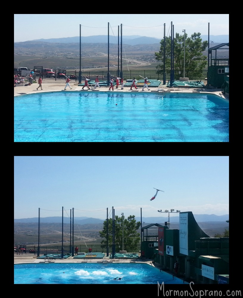 Top: Olympic Aces march in  Bottom: Jumping into the pool bubbles