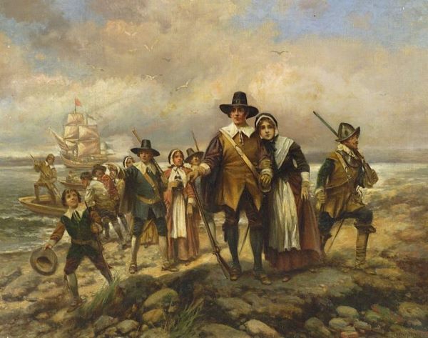 Pilgrims Landing - by Edward Percy Moran, (American artist, 1862-1935)