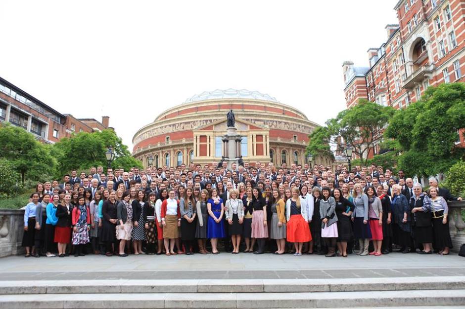 The missionaries of The London England Mission of The Church of Jesus Christ of Latter-day Saints standing in front of ROYAL ALBERT HALL - March 2015. Under the leadership of President David and Sister Holly Jordan.