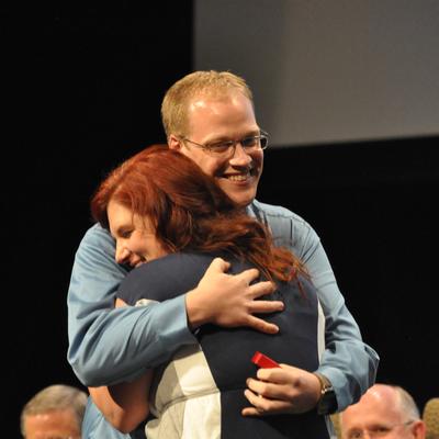 Neil Westover and Denise Pons embrace after their wedding proposal during the Mormon Tabernacle Choir rehearsal, Thursday July 23, 2015 - Photo courtesy Deb Gheris