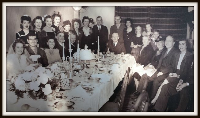 Wedding party at the Hotel Utah for Adeline Naomi Kleven and Hale Burt Seely. Bride and Groom are seated far left.