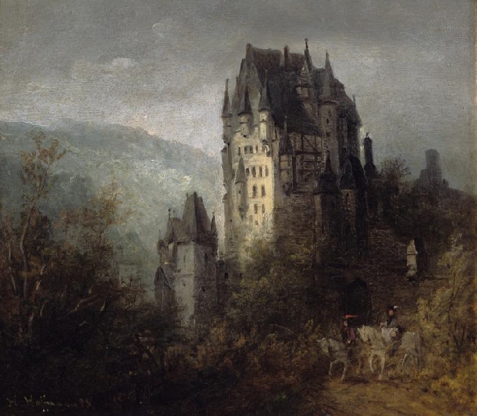 heinrich_adolf_valentin-hoffmann-gemaelde-burg_eltz_im_morgengrauen_im_vordergrund_zwei_ritter_zu_pferde